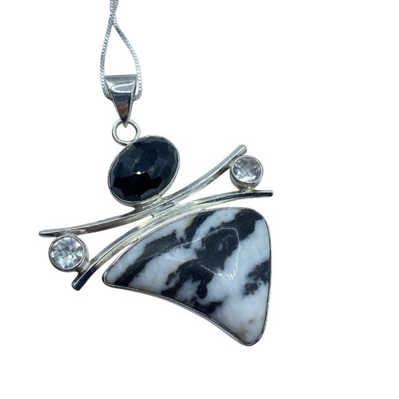 Sterling Silver 925 Zebra Jasper Quartz Pendant Necklace Signed SJ Modernist - Picture 2 of 11